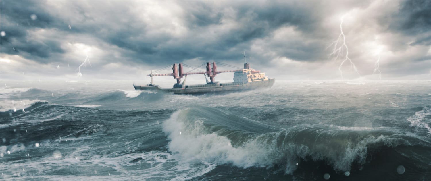 A container ship navigating turbulent waters, symbolizing how global supply chains are adapting to the challenges of extreme weather.