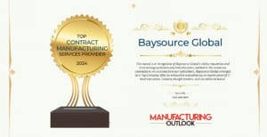 Award graphic for Baysource Global, recognized as a Top Contract Manufacturing Services Provider for 2024 by Manufacturing Outlook. The image features a gold trophy icon and text highlighting Baysource’s stellar reputation and commitment to excellence in global manufacturing solutions.