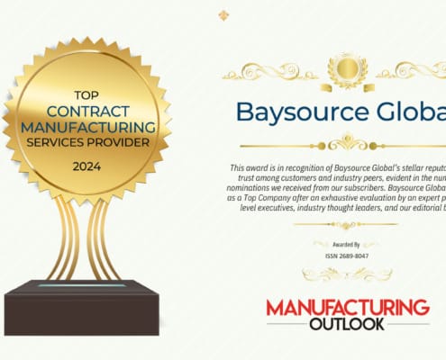 Award graphic for Baysource Global, recognized as a Top Contract Manufacturing Services Provider for 2024 by Manufacturing Outlook. The image features a gold trophy icon and text highlighting Baysource’s stellar reputation and commitment to excellence in global manufacturing solutions.