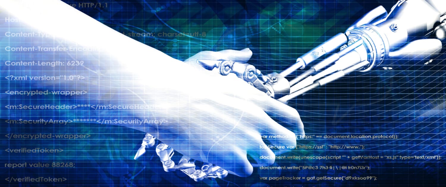 A robotic hand and a human hand reaching out to shake, symbolizing collaboration between artificial intelligence and human expertise in technology and manufacturing. The background features digital code and abstract blue graphics, representing advanced technology and data integration.