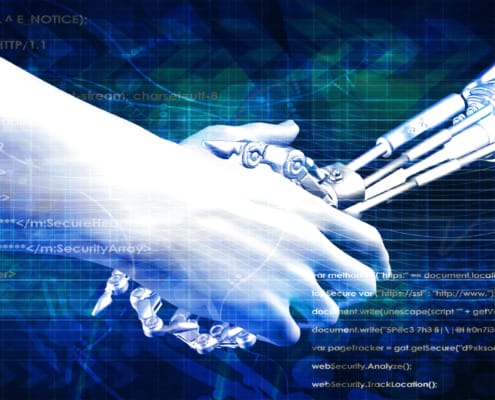 A robotic hand and a human hand reaching out to shake, symbolizing collaboration between artificial intelligence and human expertise in technology and manufacturing. The background features digital code and abstract blue graphics, representing advanced technology and data integration.