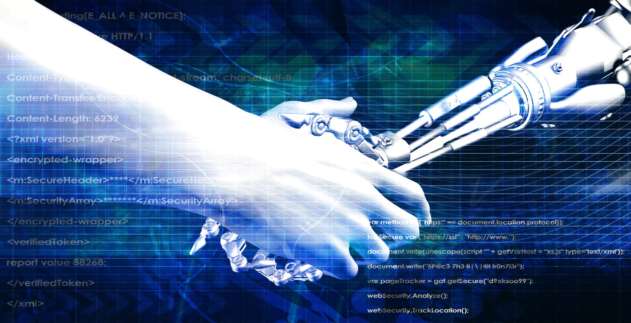 A robotic hand and a human hand reaching out to shake, symbolizing collaboration between artificial intelligence and human expertise in technology and manufacturing. The background features digital code and abstract blue graphics, representing advanced technology and data integration.