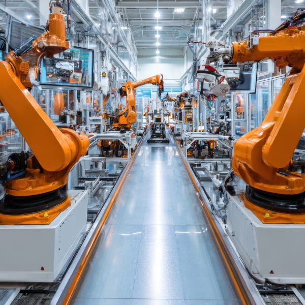 Automated robotic arms operating on a modern production line inside a high-tech manufacturing facility in China.