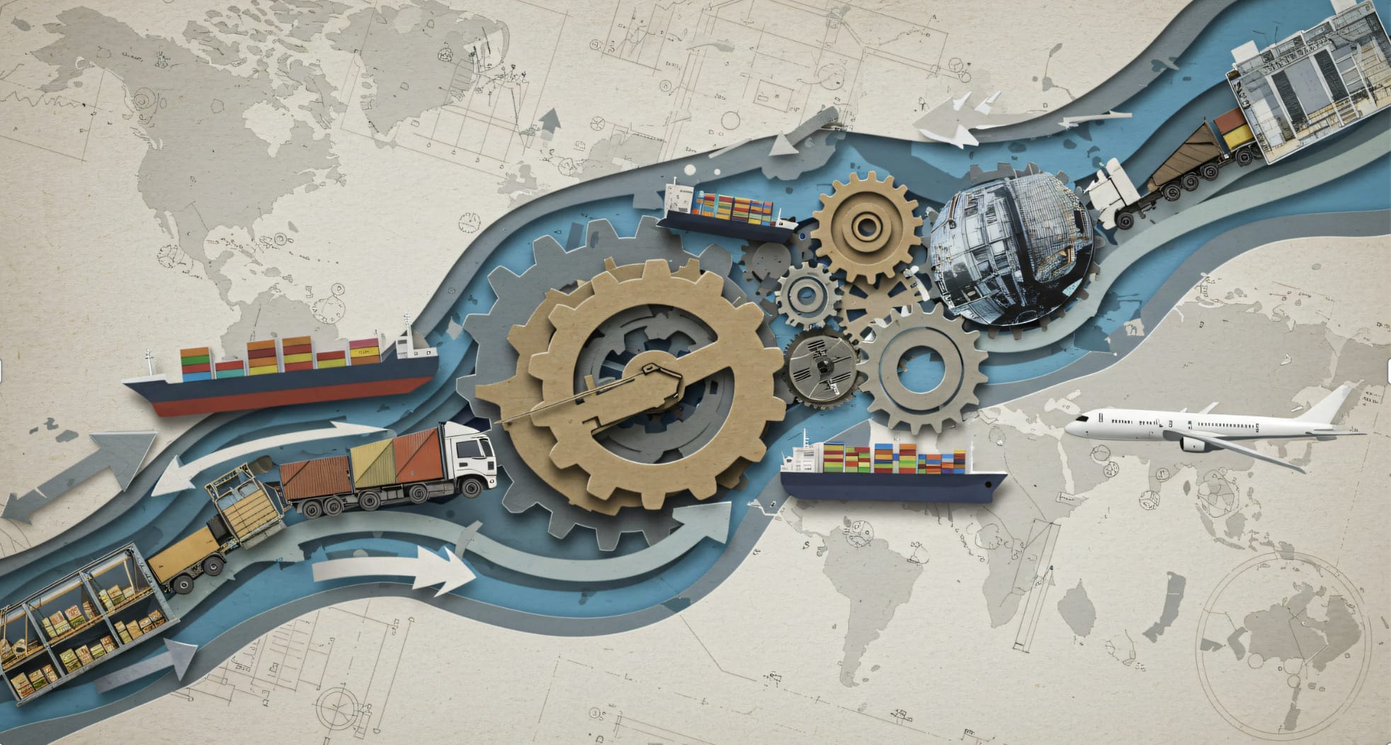 Illustration of global supply chain flow with cargo ships, trucks, airplane, warehouse, and interlocking gears representing manufacturing processes