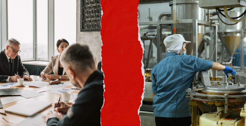 Private equity executives in a boardroom on the left, factory worker operating machinery on the right, separated by a red torn paper line symbolizing the disconnect between deal teams and manufacturing operations in Asia.