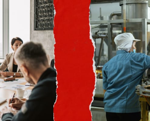 Private equity executives in a boardroom on the left, factory worker operating machinery on the right, separated by a red torn paper line symbolizing the disconnect between deal teams and manufacturing operations in Asia.