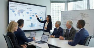 Global supply chain dashboard presentation showing offshore manufacturing performance metrics, logistics optimization, and inventory levels in a private equity strategy meeting