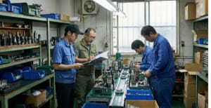 Factory workers in blue uniforms reviewing an inspection clipboard while others operate machinery on a production line.