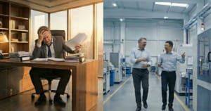 Contrast of overwhelmed executive vs. collaborative operating partners on the shop floor