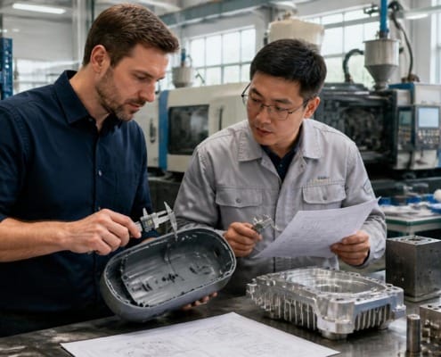 U.S. product engineer and Chinese factory engineer inspecting a molded plastic housing and machined metal prototype with calipers in a China contract manufacturing facility
