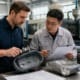 U.S. product engineer and Chinese factory engineer inspecting a molded plastic housing and machined metal prototype with calipers in a China contract manufacturing facility