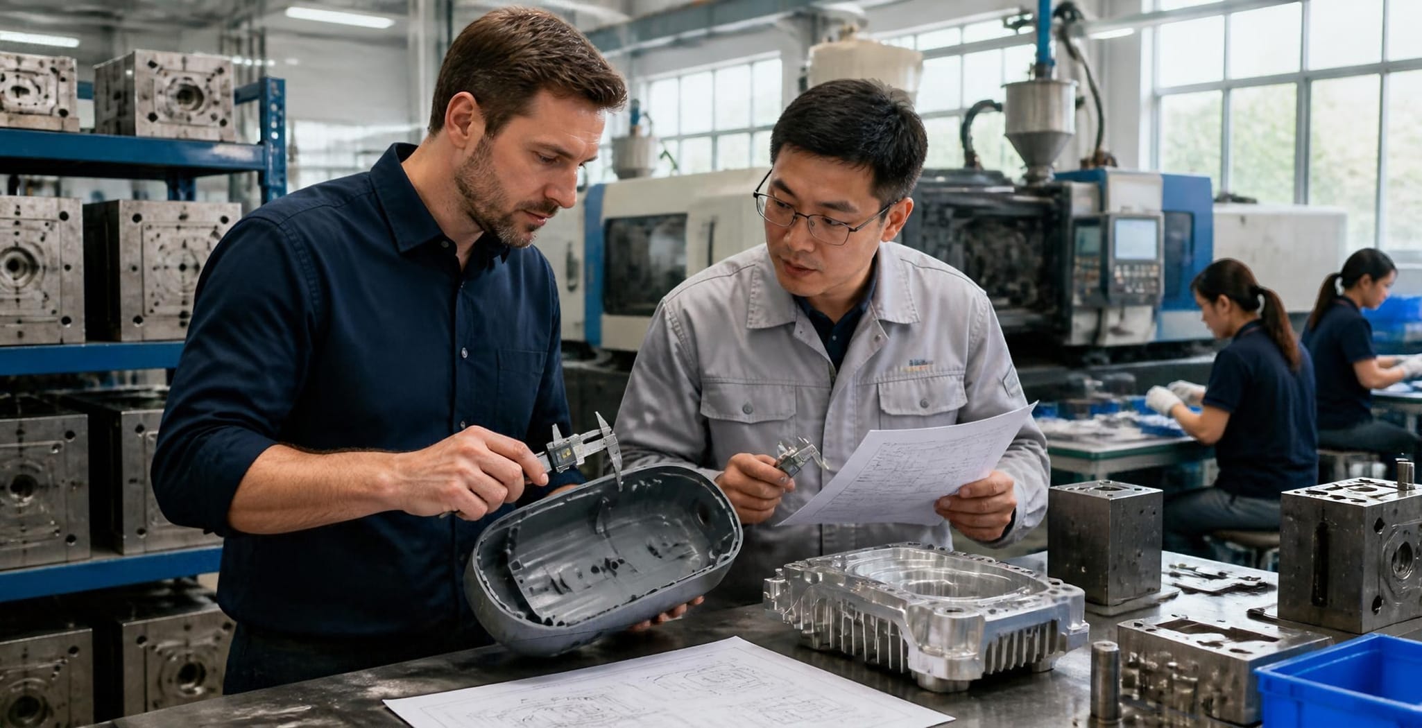 U.S. product engineer and Chinese factory engineer inspecting a molded plastic housing and machined metal prototype with calipers in a China contract manufacturing facility